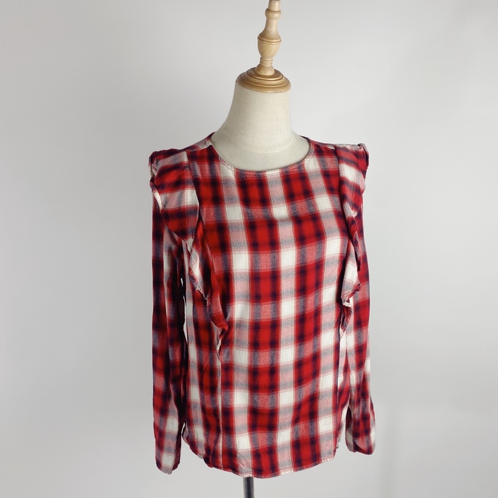 BEACHLUNCHLOUNGE Plaid Ruffle Soft Rayon Long Sleeve Top Red Ivory Blue Plaid